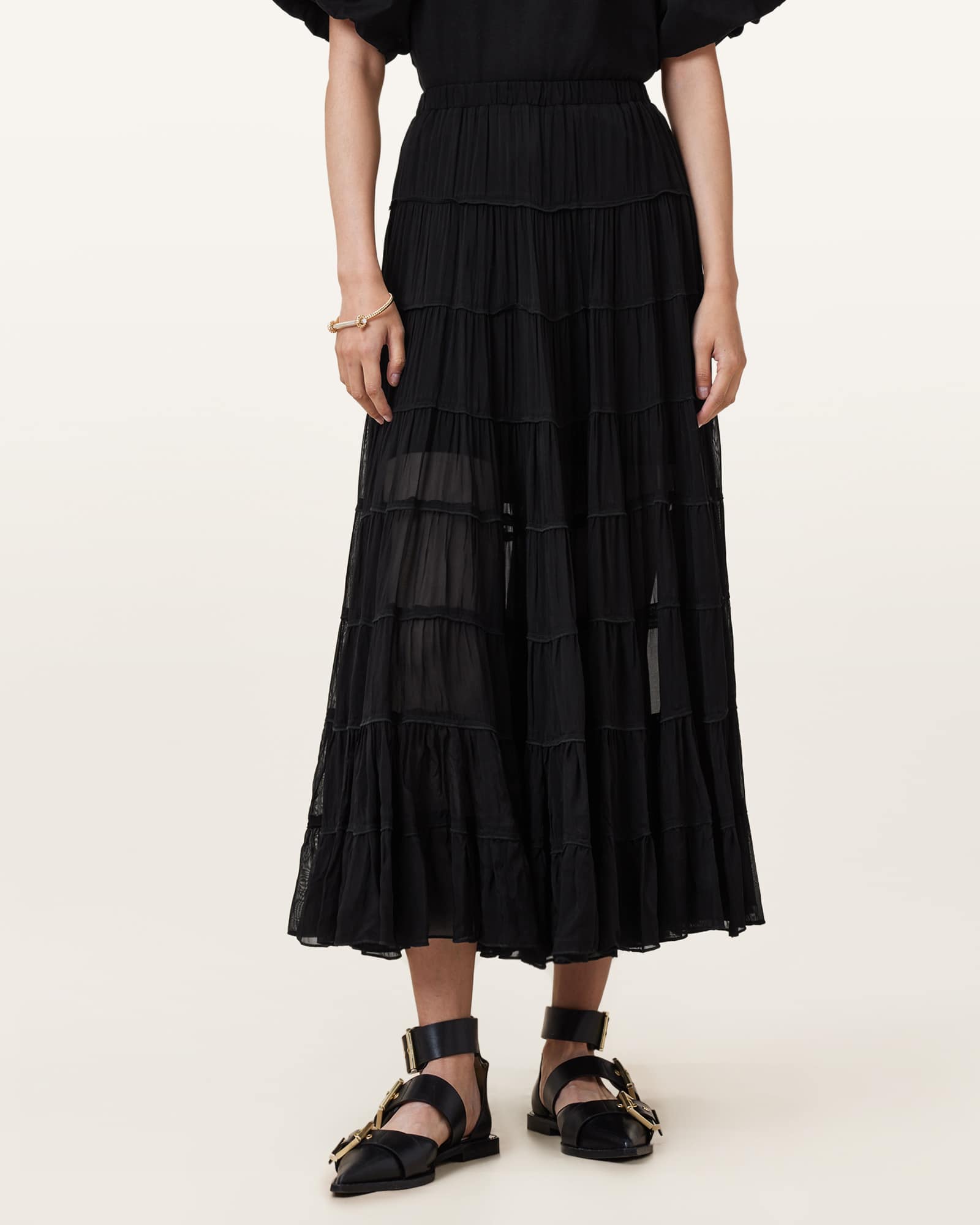 All Saints Eva Tiered Midi Skirt Black