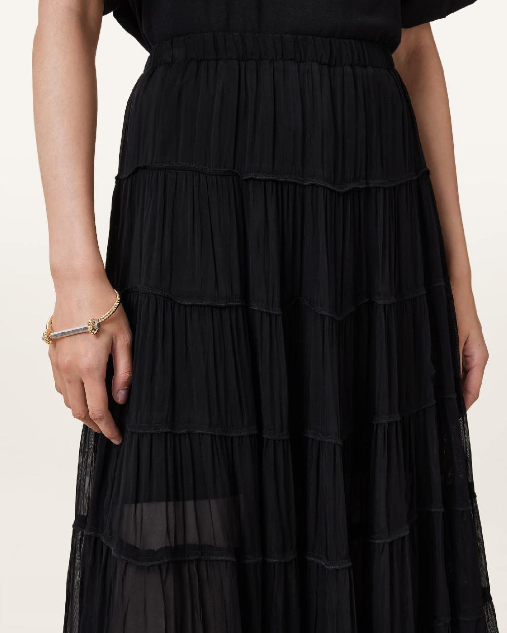 All Saints Eva Tiered Midi Skirt Black
