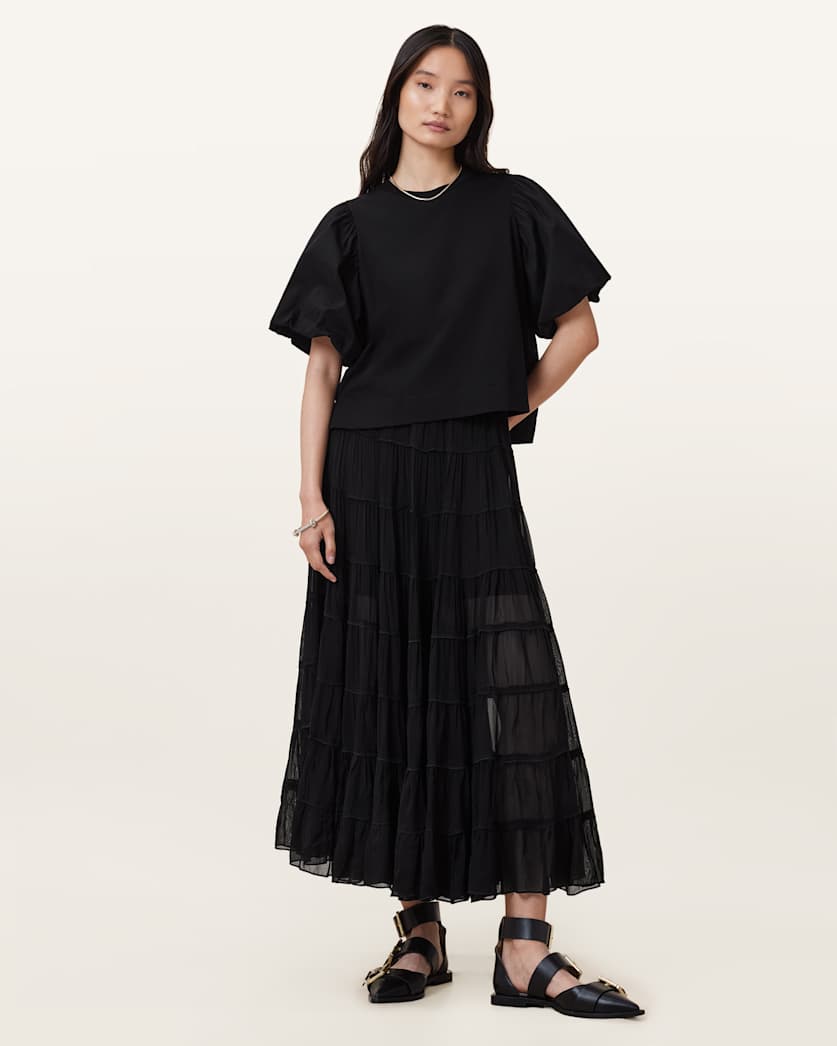 all saints Eva Tiered Midi Skirt Black