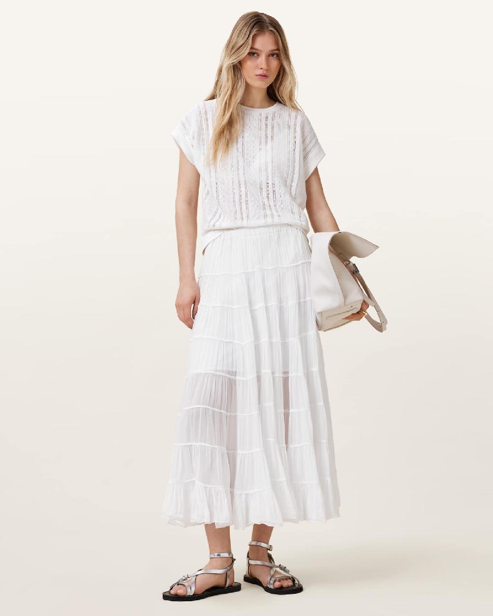 All Saints Eva Tiered Midi Skirt Chalk White
