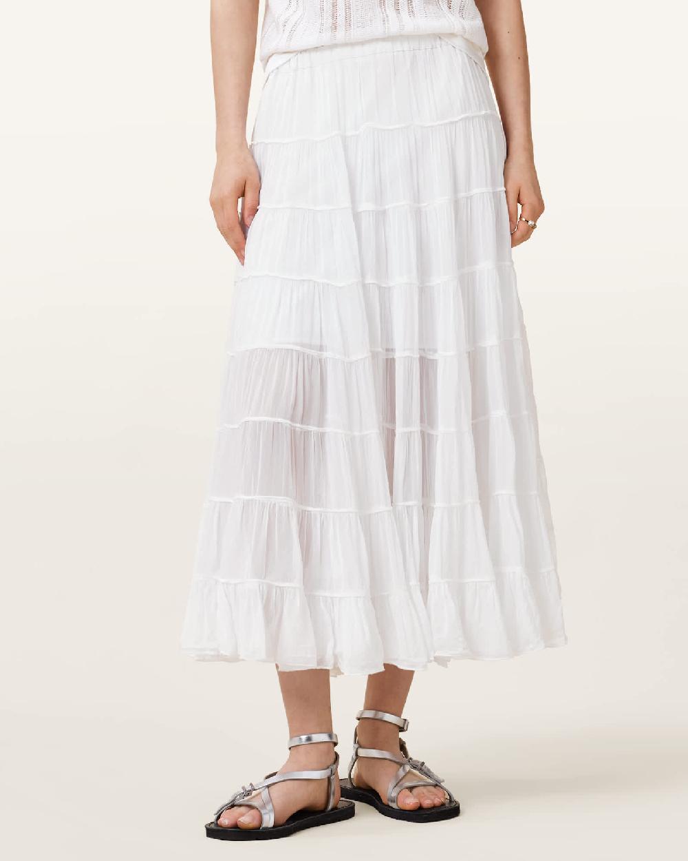 All Saints Eva Tiered Midi Skirt Chalk White