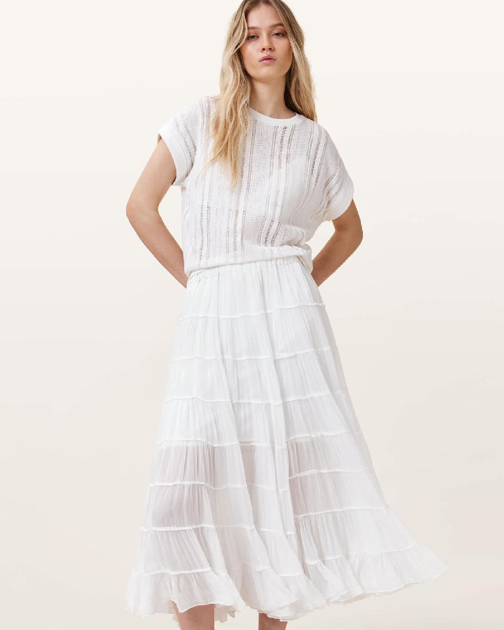 All Saints Eva Tiered Midi Skirt Chalk White