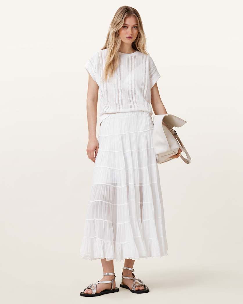 all saints Eva Tiered Midi Skirt Chalk White
