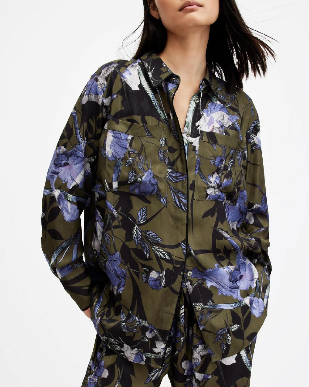 All Saints Eve Floral Print Shirt Deep Khaki Green