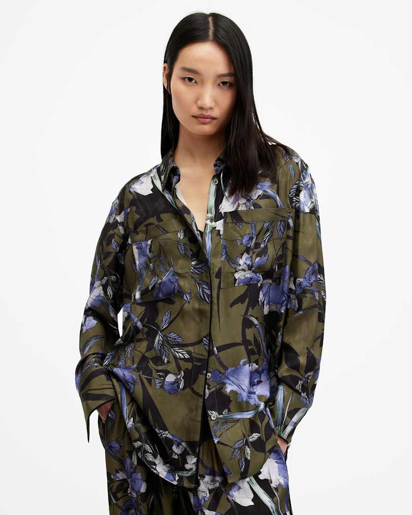 all saints Eve Floral Print Shirt Deep Khaki Green