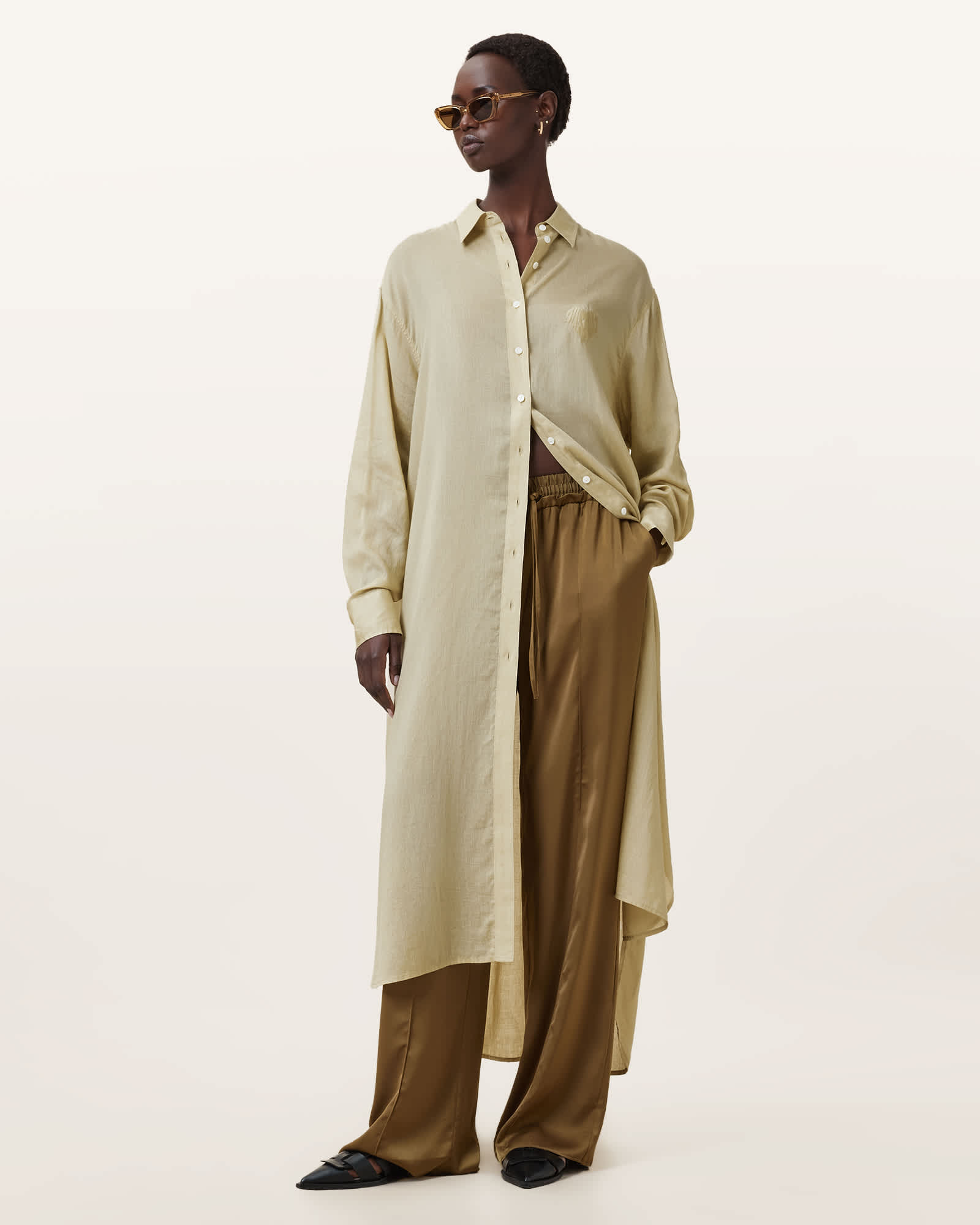 All Saints Ezra Maxi Shirt Dress Olive Yellow
