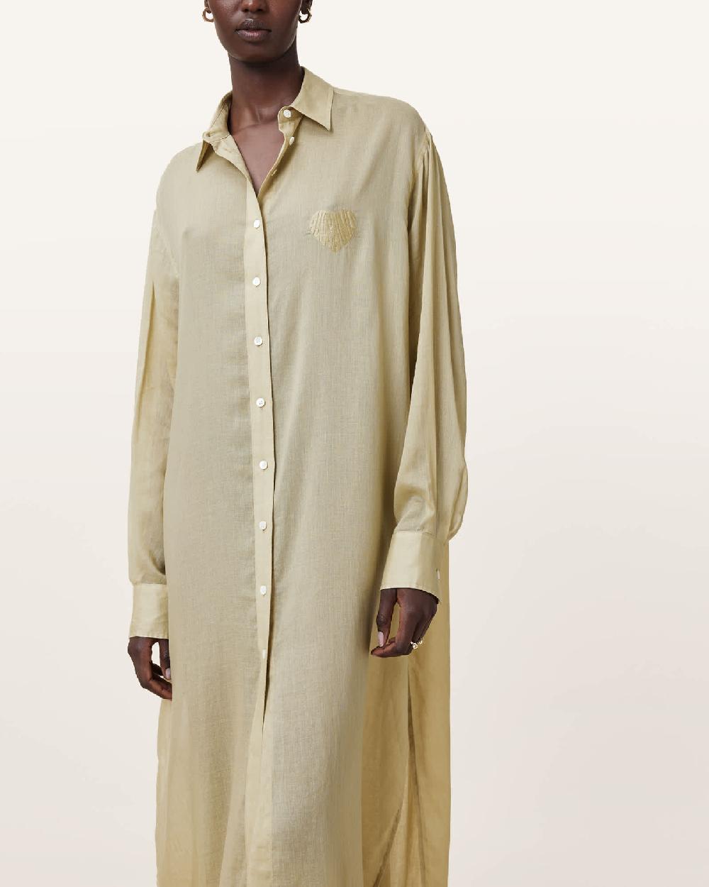 All Saints Ezra Maxi Shirt Dress Olive Yellow