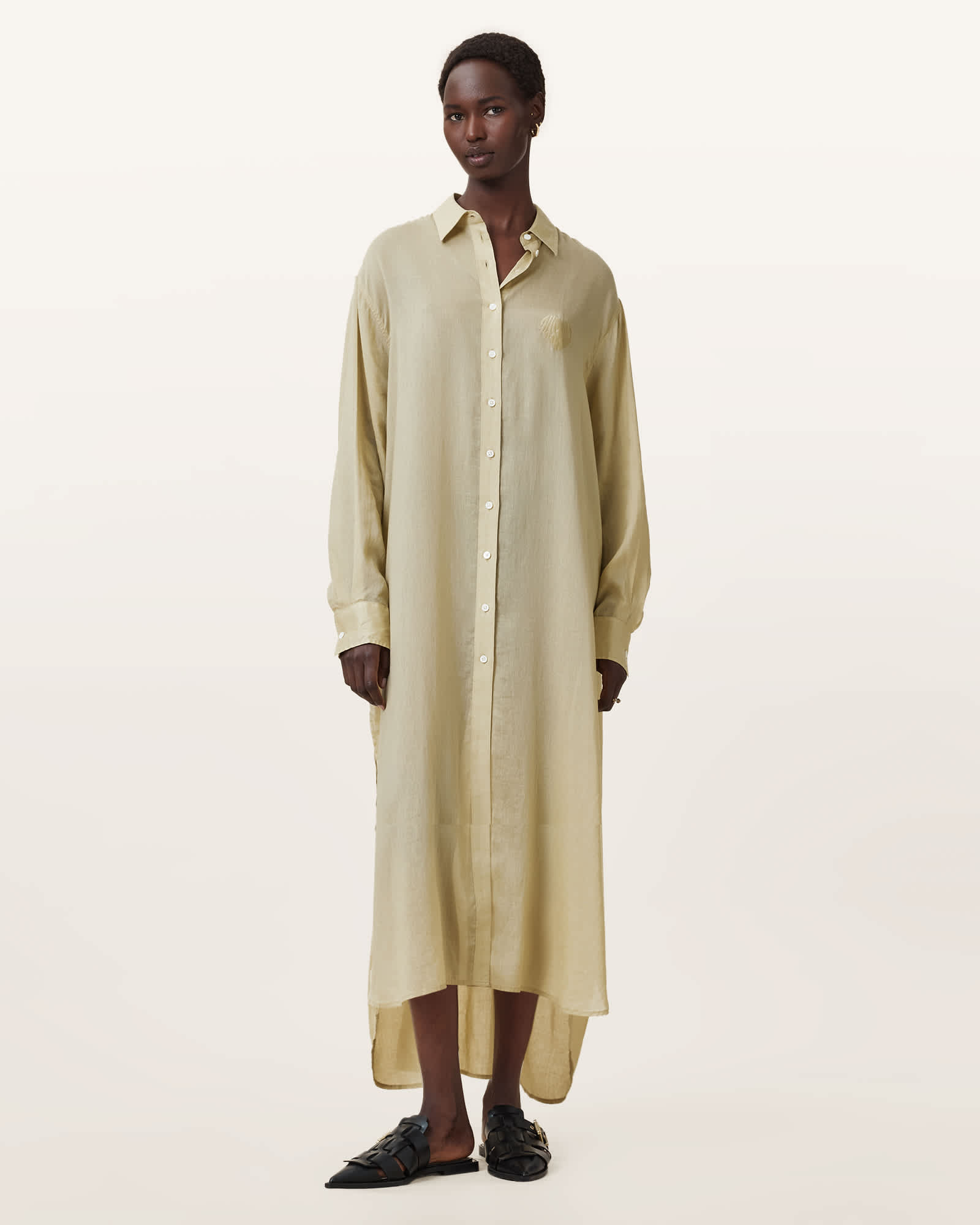 All Saints Ezra Maxi Shirt Dress Olive Yellow