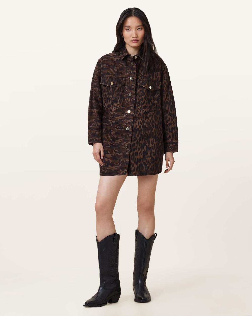 All Saints Faye Oversized Shacket Dress Camo Brown