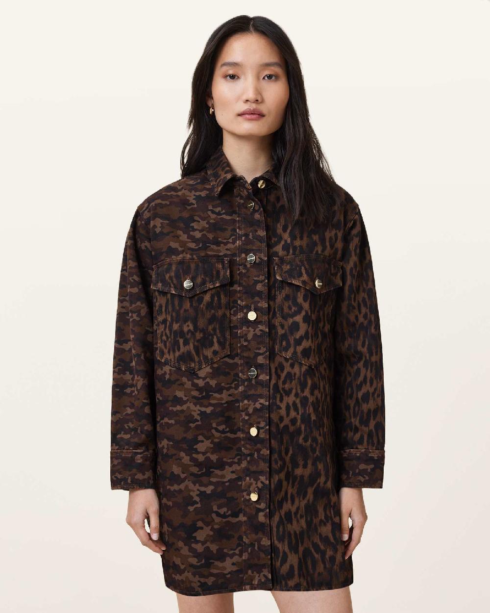 All Saints Faye Oversized Shacket Dress Camo Brown