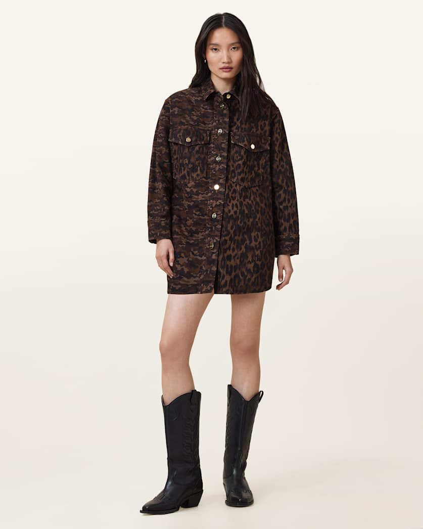 all saints Faye Oversized Shacket Dress Camo Brown