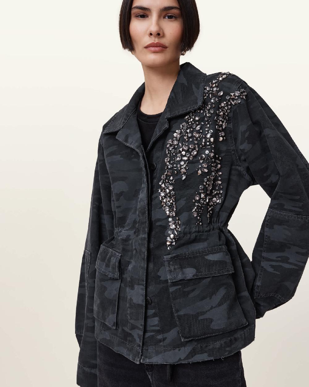 All Saints Finch Camouflage Denim Jacket Ink Blue