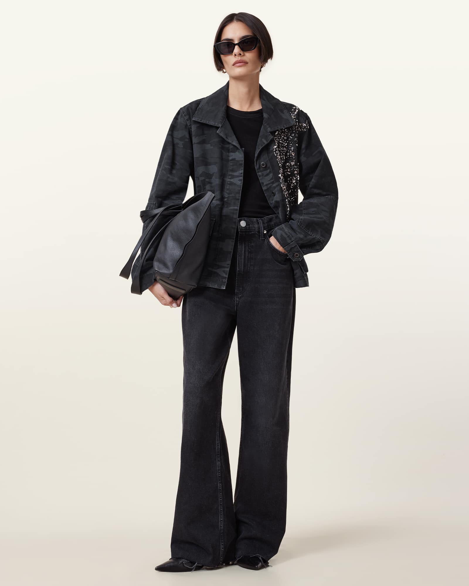 All Saints Finch Camouflage Denim Jacket Ink Blue