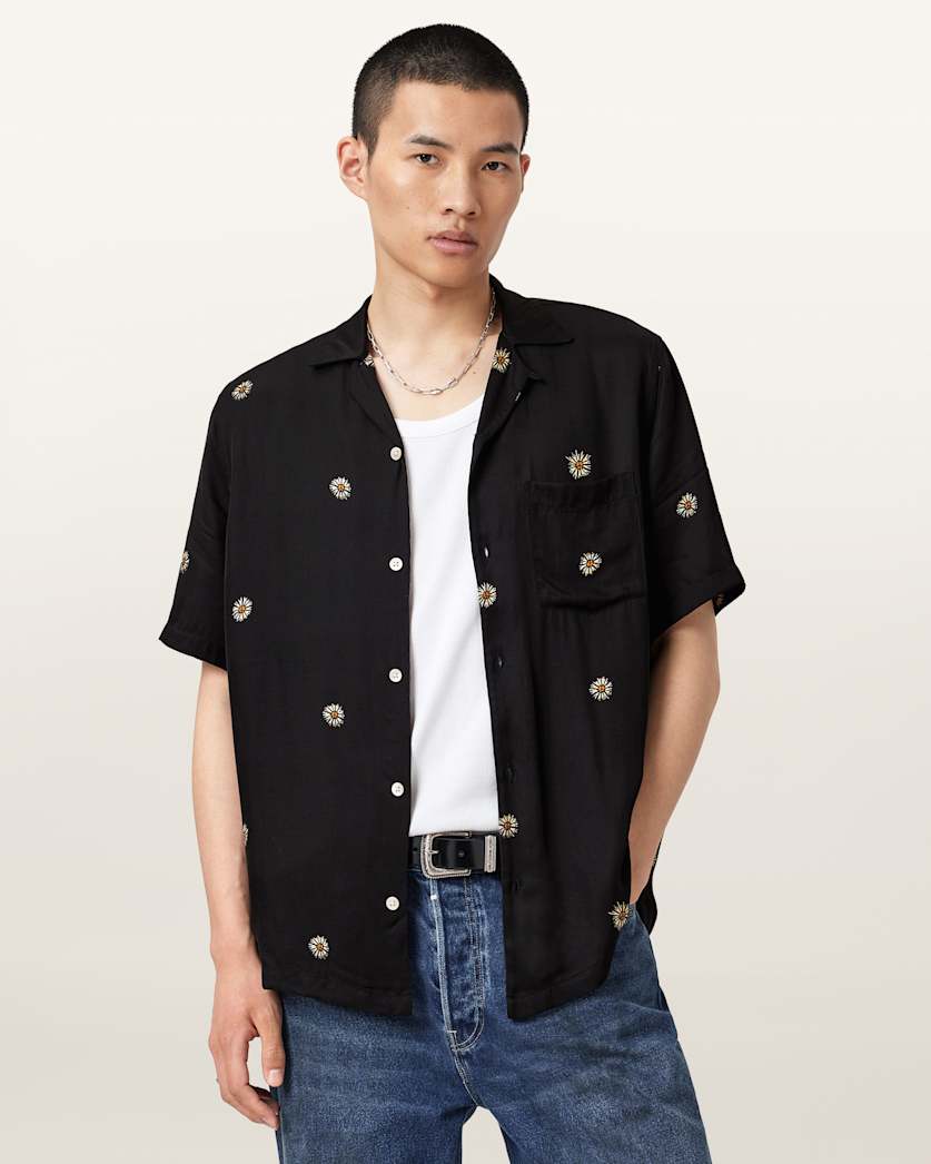 all saints Fleur Peace Linen Shirt Jet Black
