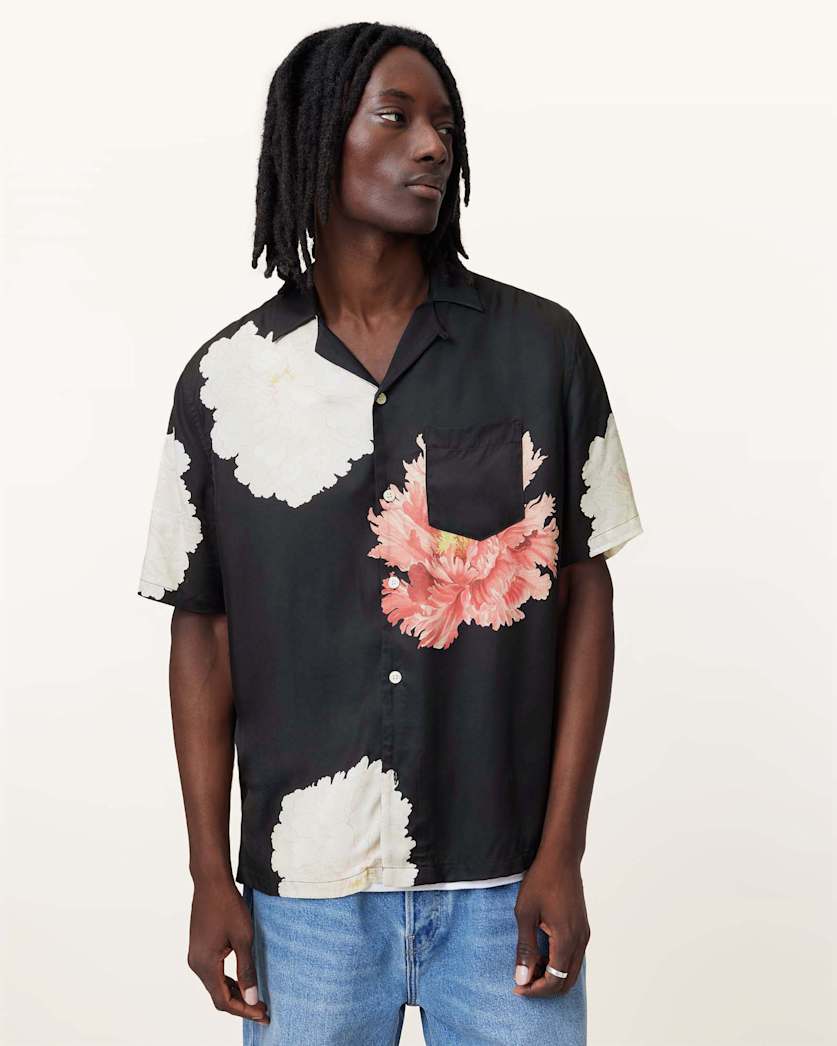 all saints Fleur Relaxed Fit Floral Shirt Black