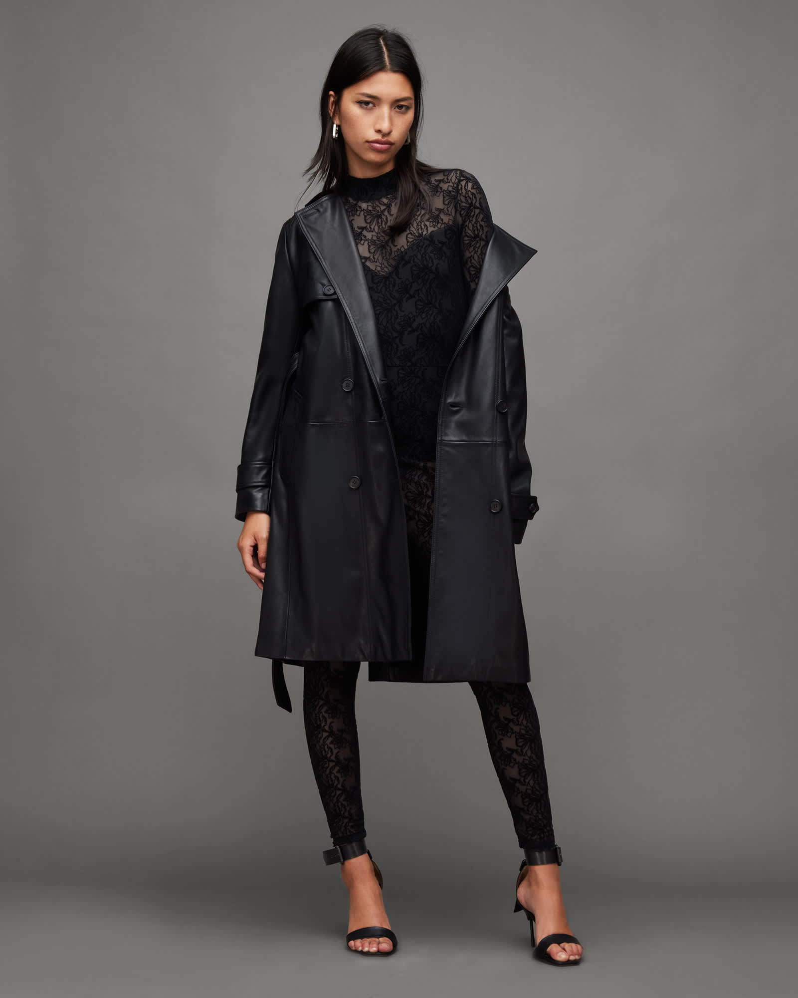 All Saints Flocked Laced Bodycon Catsuit Black