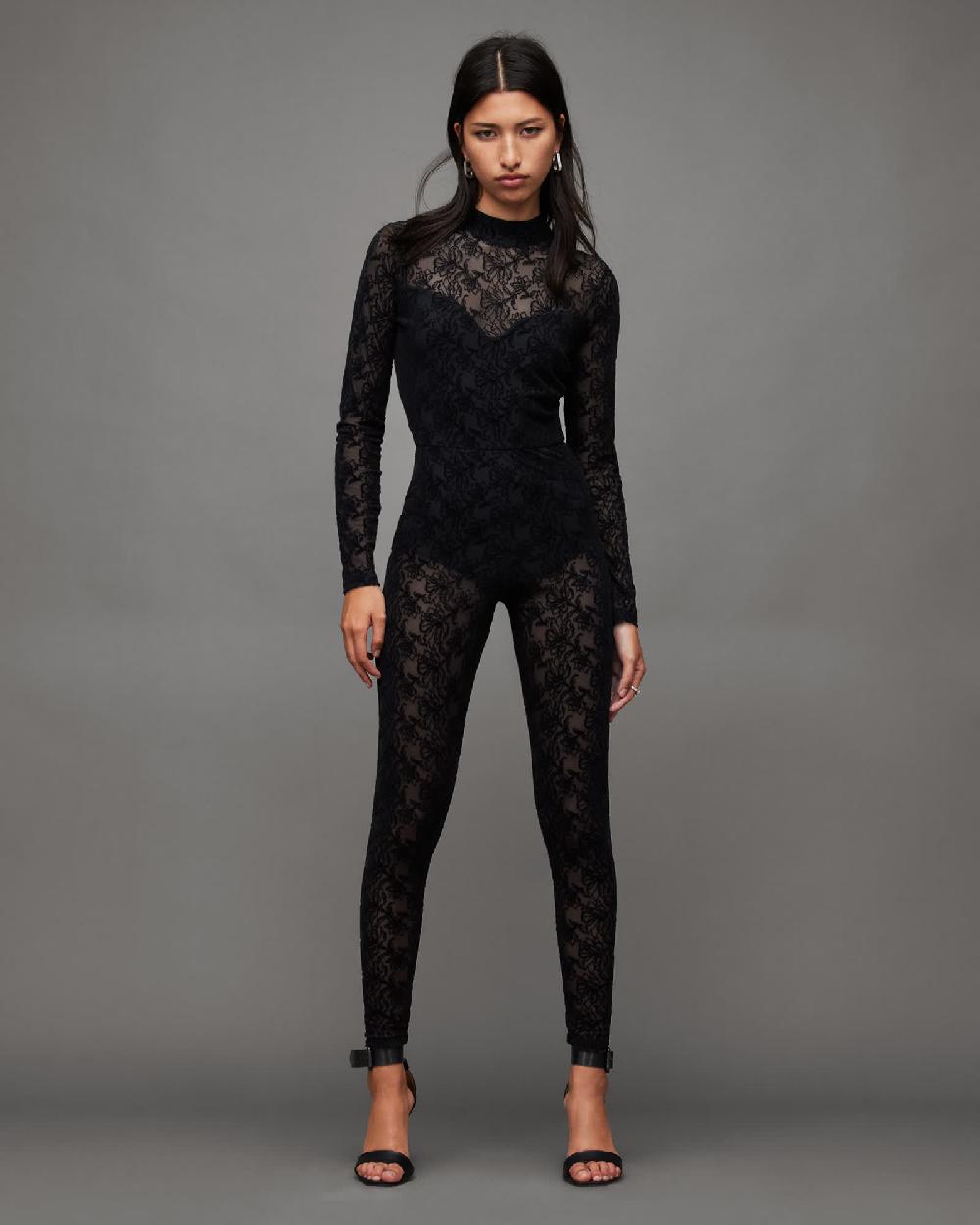 All Saints Flocked Laced Bodycon Catsuit Black