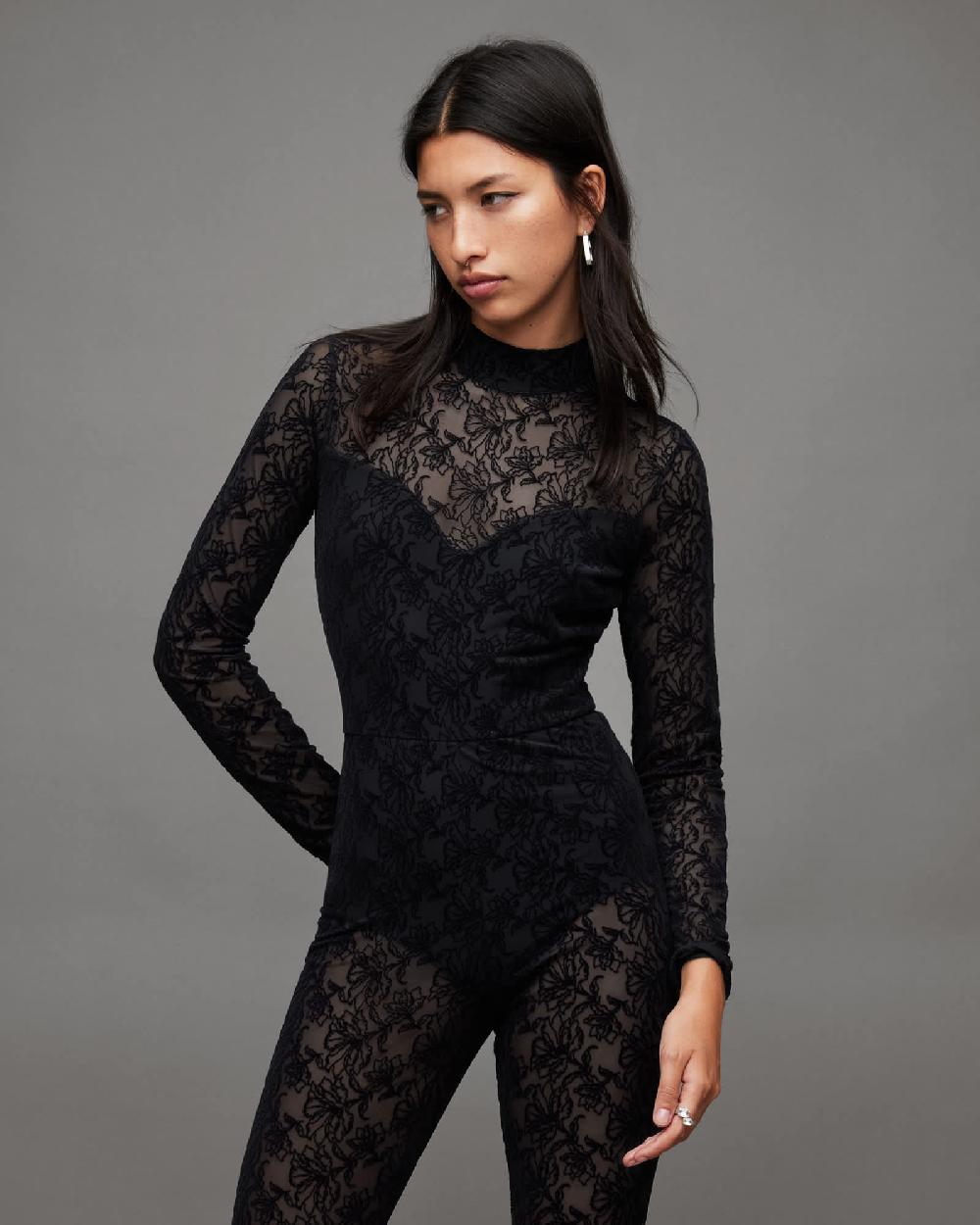 All Saints Flocked Laced Bodycon Catsuit Black