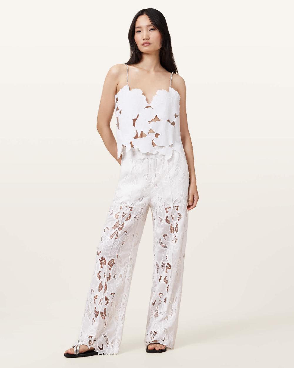 All Saints Flora Embroidered Denim Top Off White