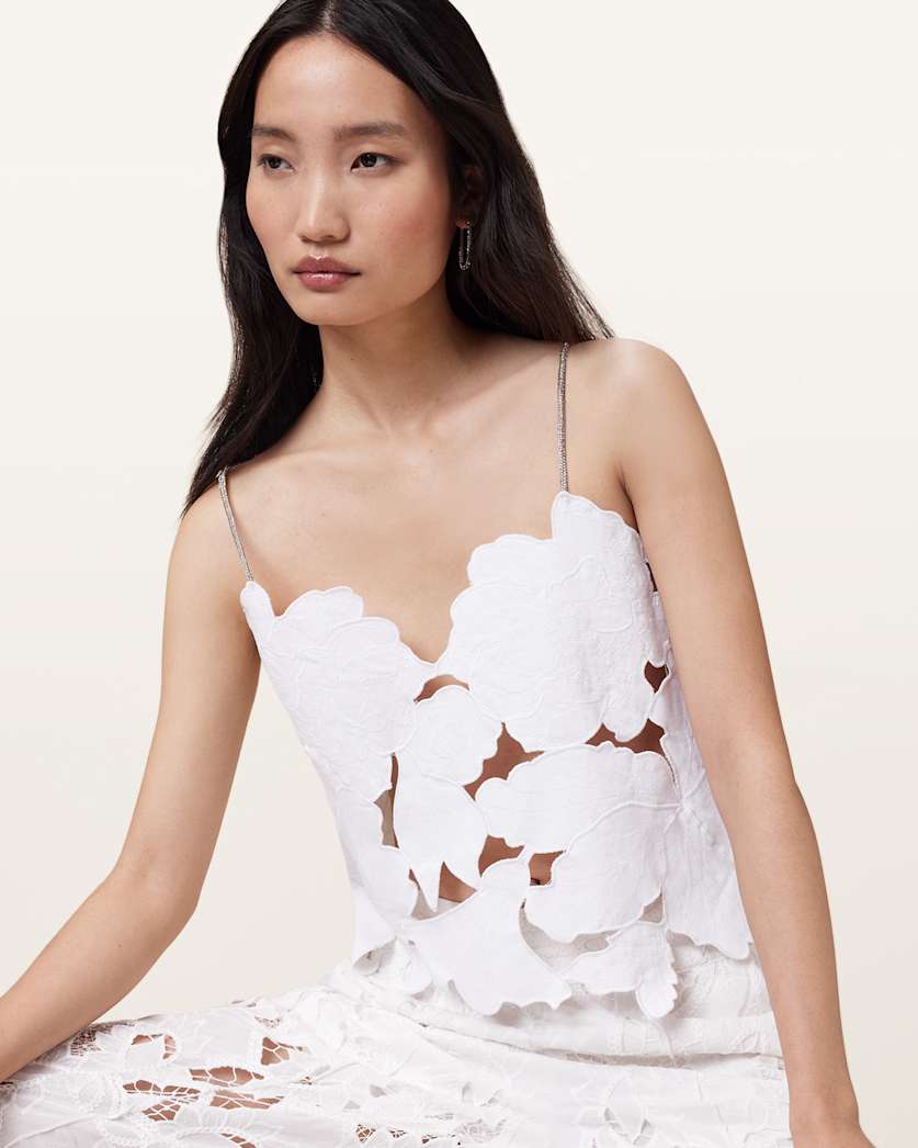 all saints Flora Embroidered Denim Top Off White