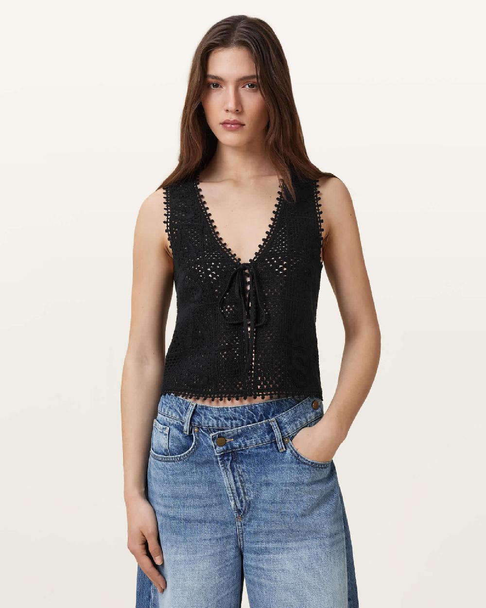 All Saints Florence Crochet Vest Black