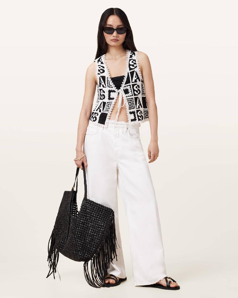 All Saints Florence Crochet Vest BLACK/CHALK WHITE