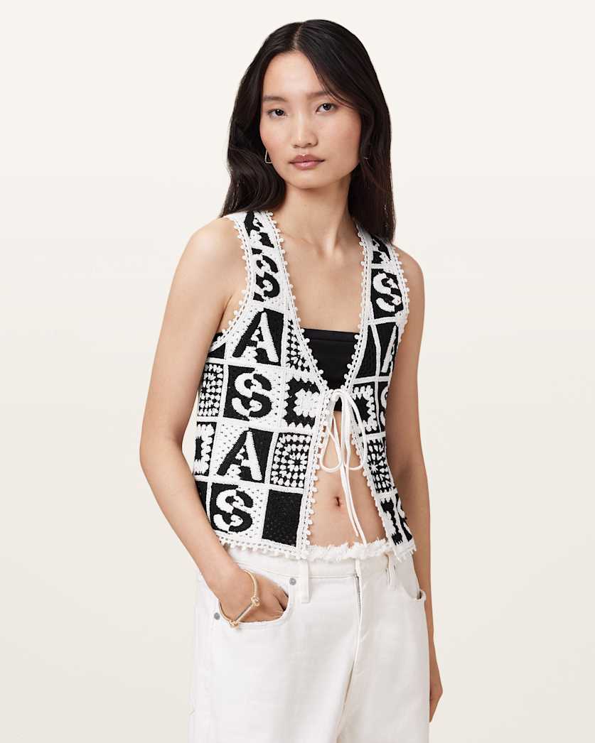 all saints Florence Crochet Vest BLACK/CHALK WHITE