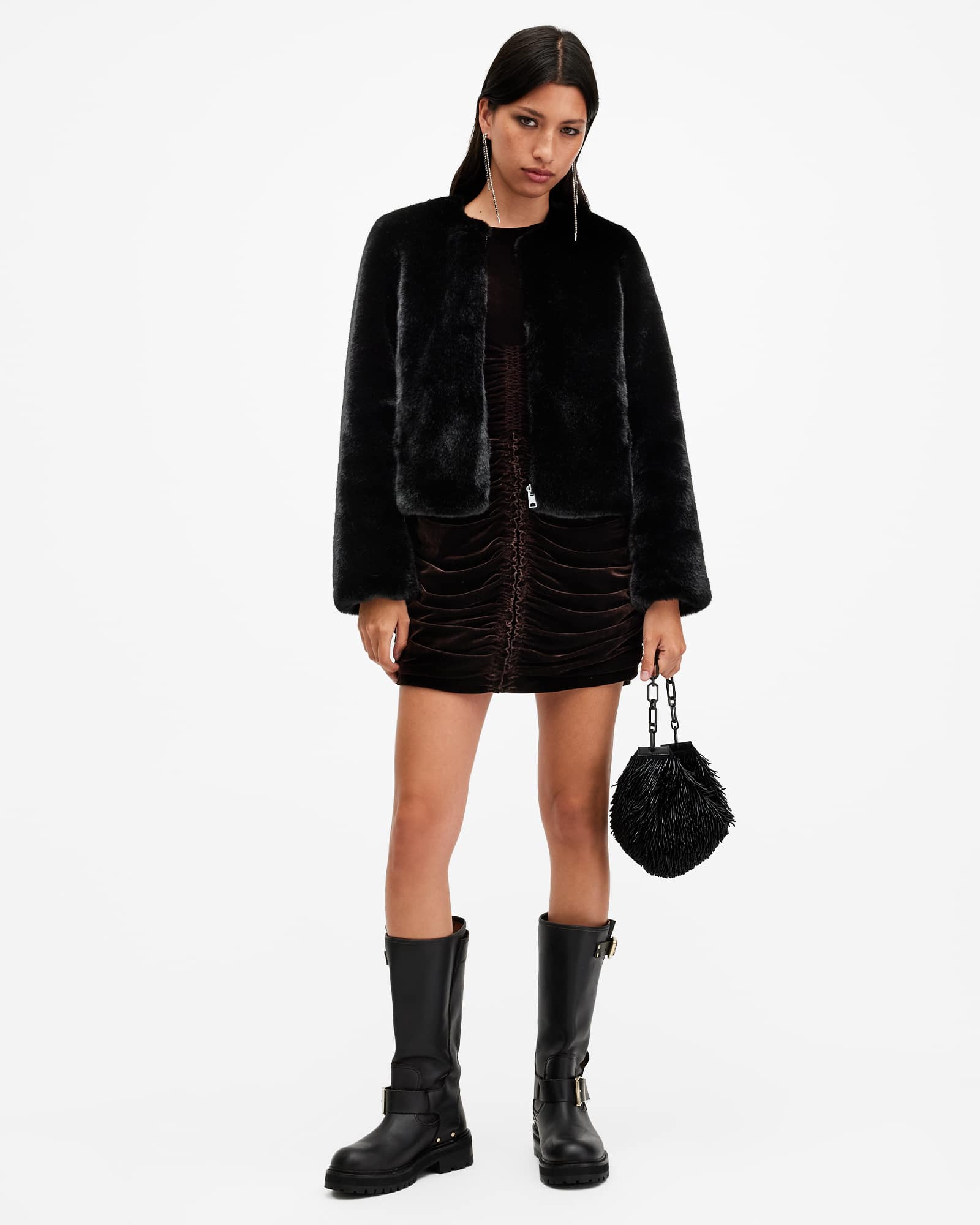 All Saints Florence Faux Fur Cropped Coat Black