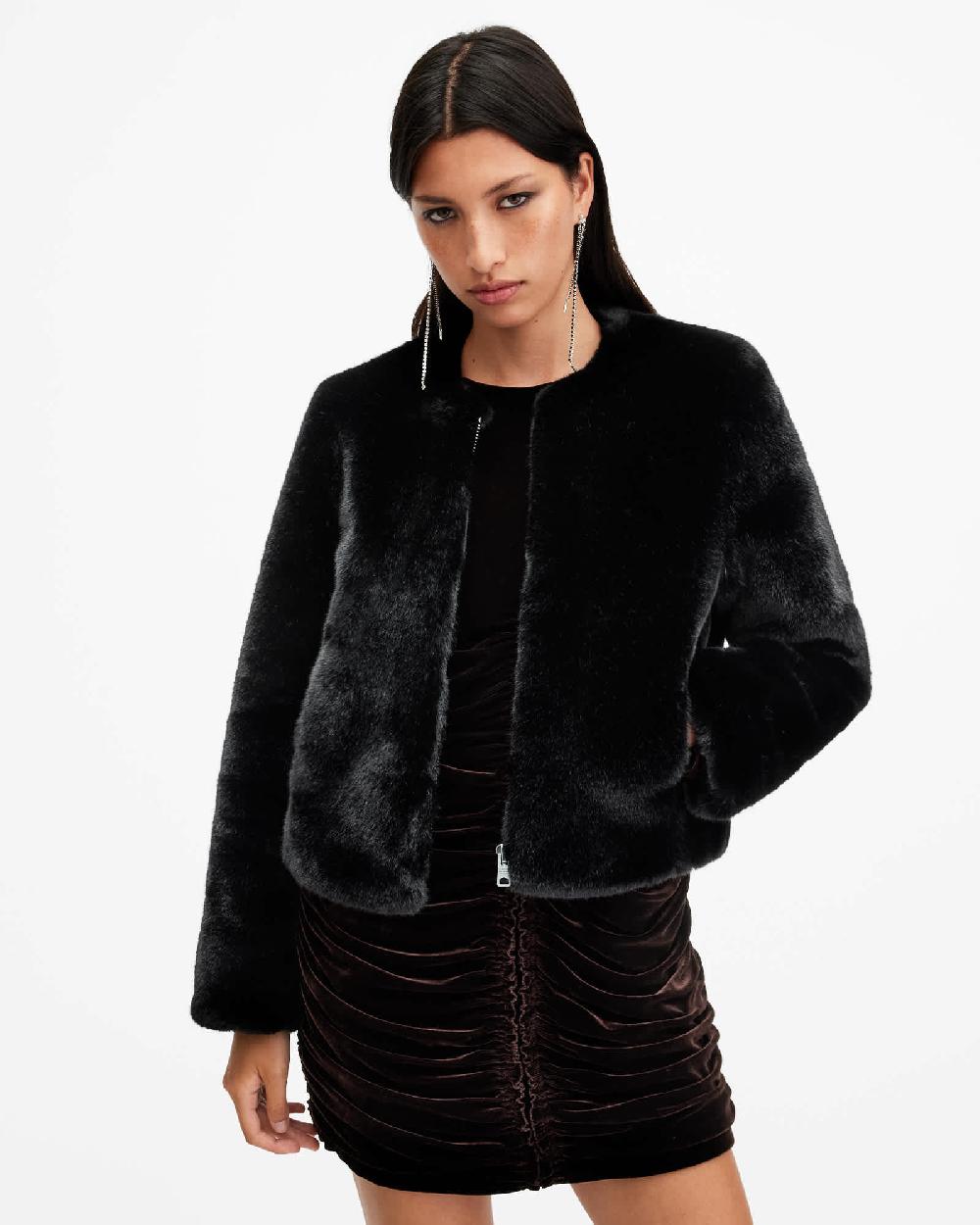 All Saints Florence Faux Fur Cropped Coat Black