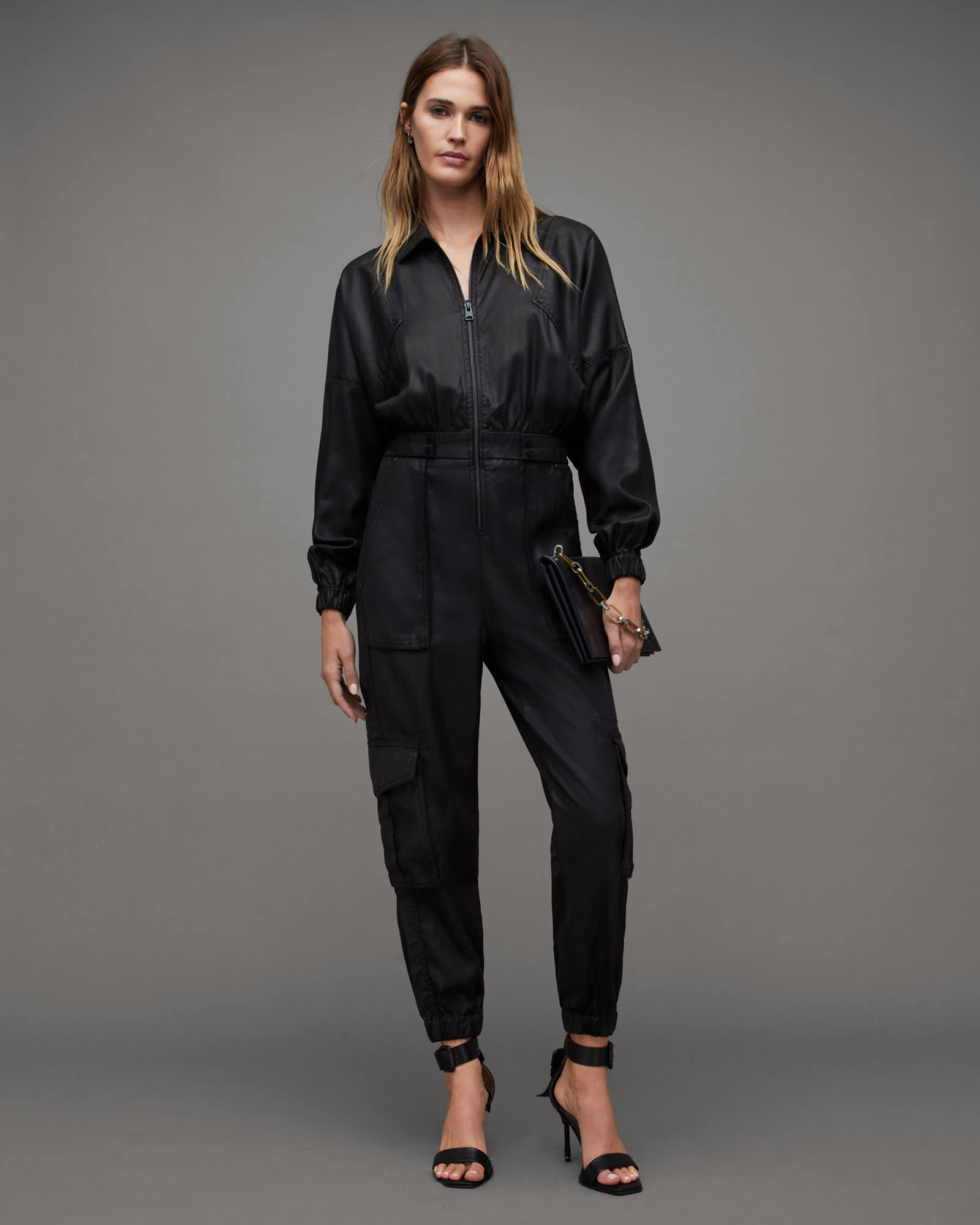 All Saints Freda Relaxed Fit Coated Jumpsuit Black