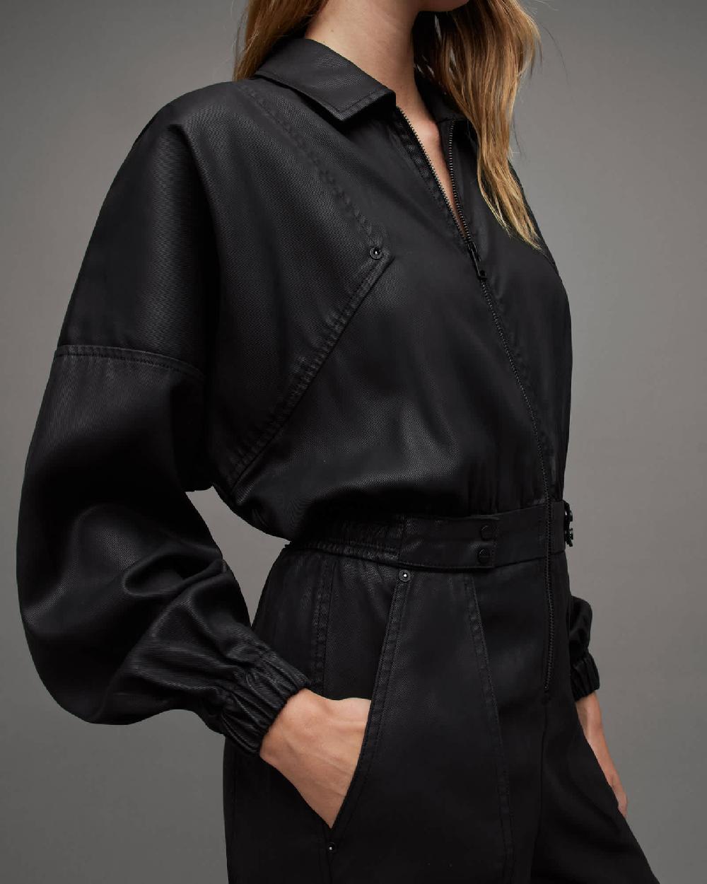 All Saints Freda Relaxed Fit Coated Jumpsuit Black