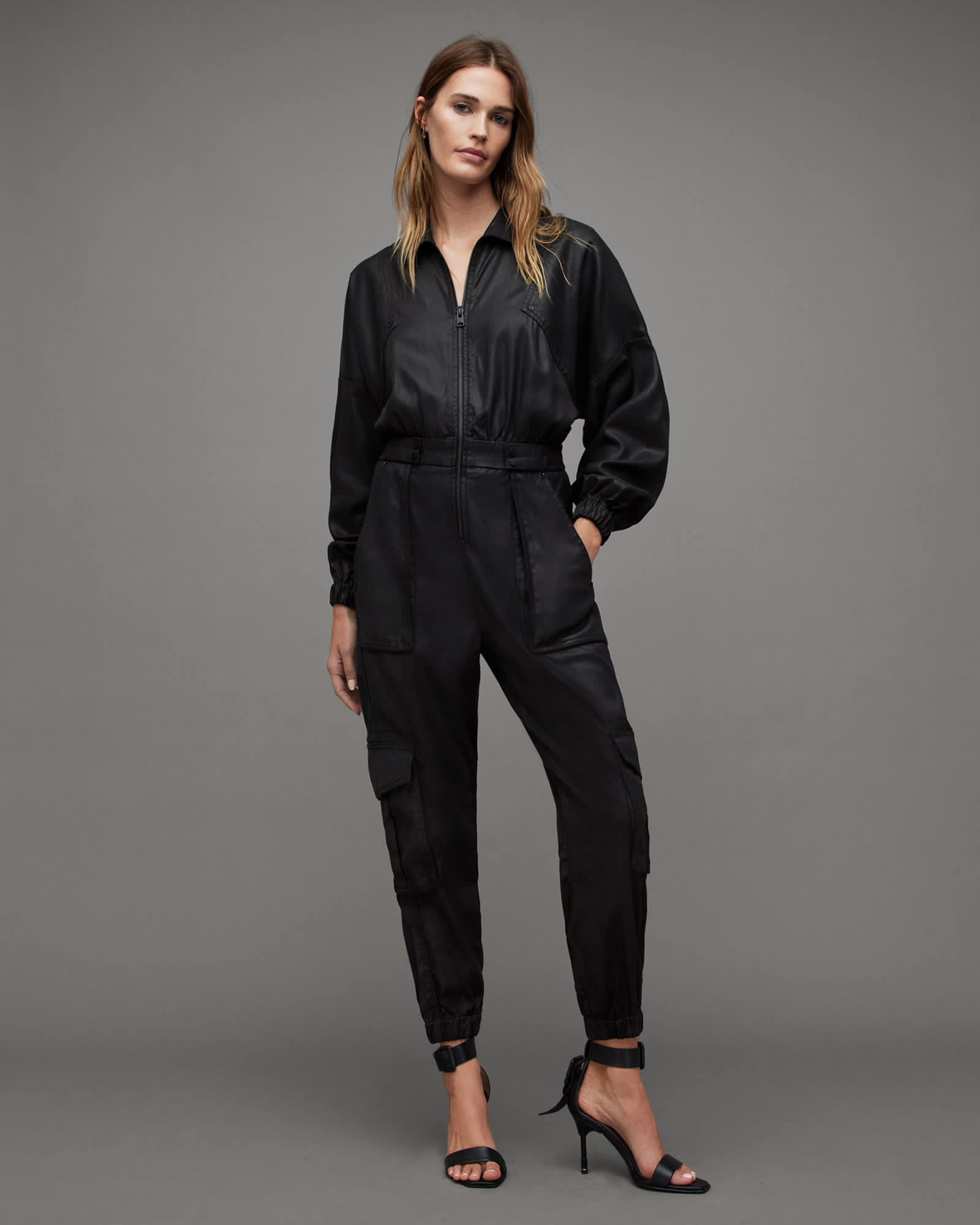 All Saints Freda Relaxed Fit Coated Jumpsuit Black