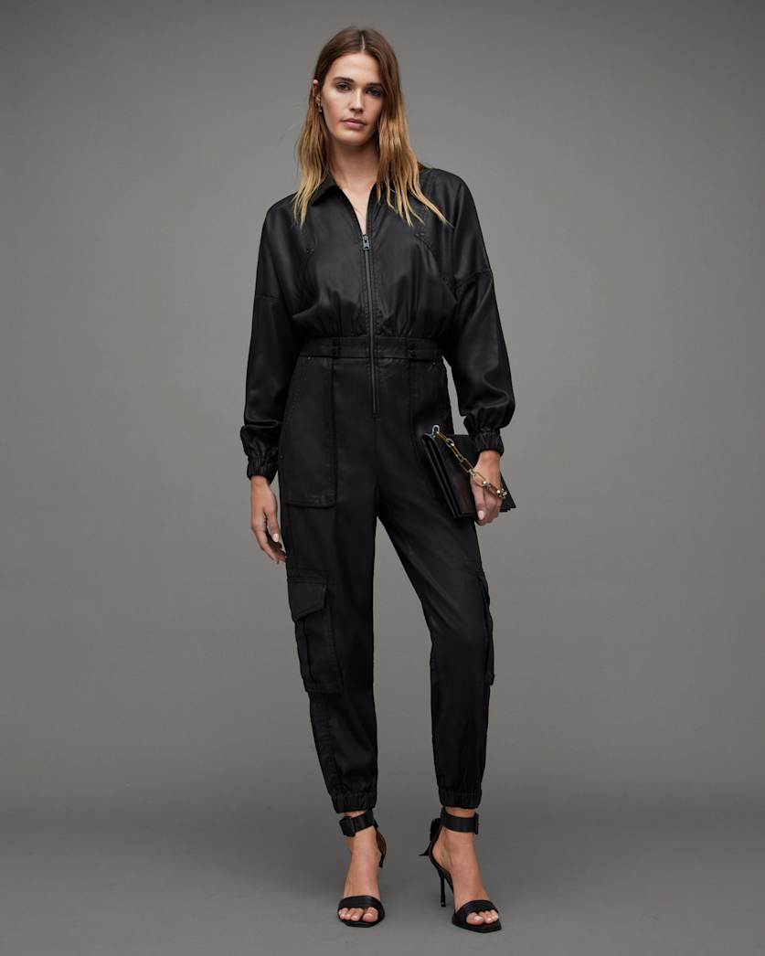 all saints Freda Relaxed Fit Coated Jumpsuit Black