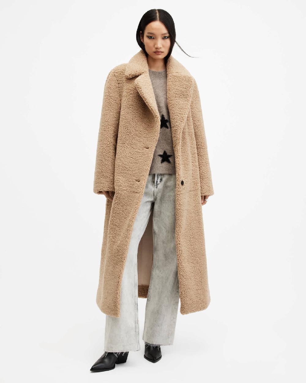 All Saints Freddie Faux Fur Coat Caramel Brown