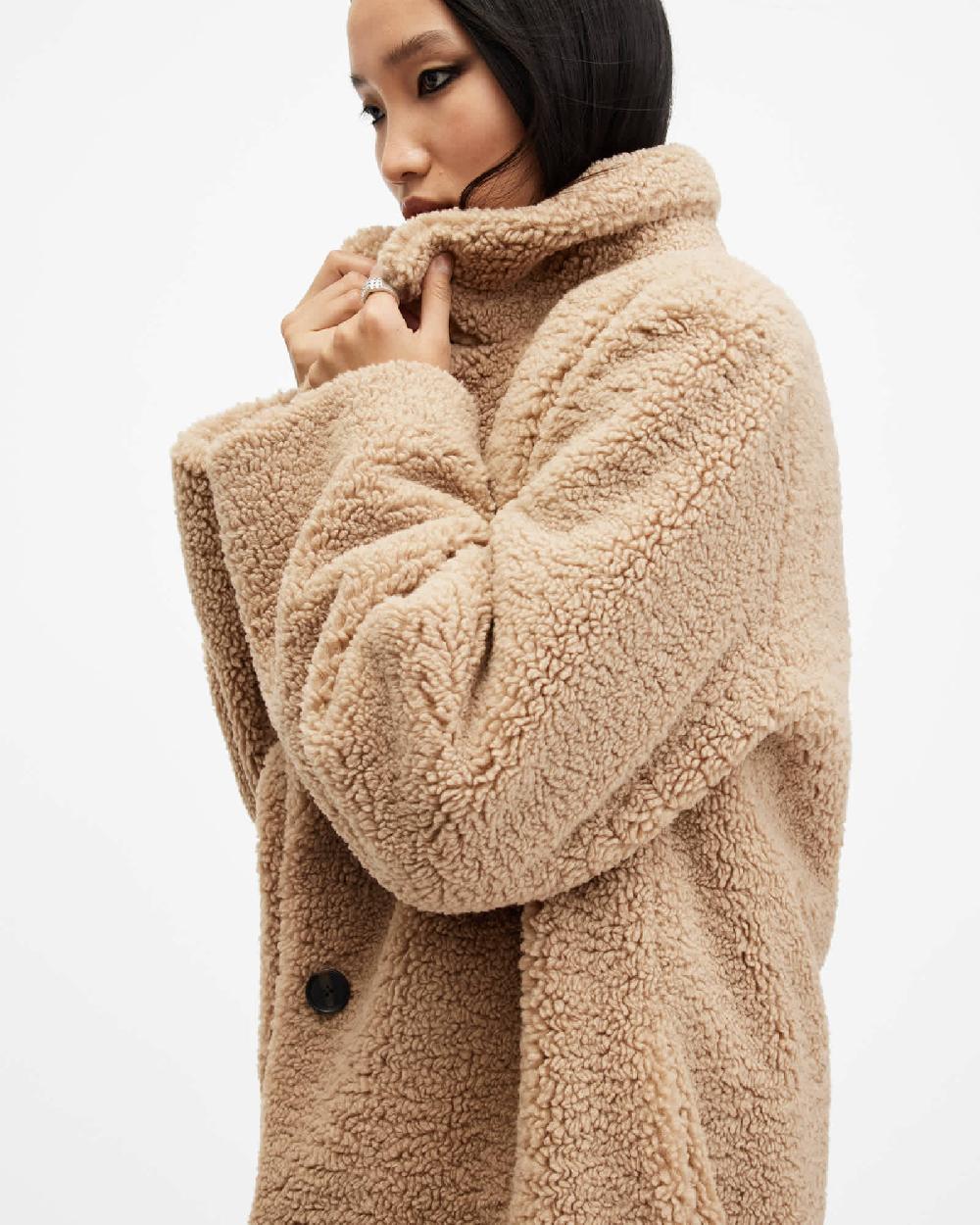 All Saints Freddie Faux Fur Coat Caramel Brown