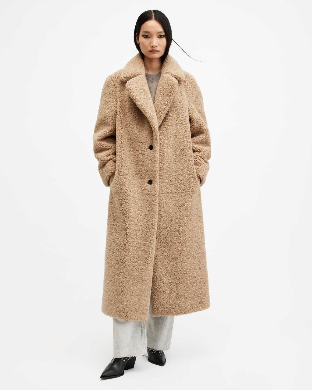 All Saints Freddie Faux Fur Coat Caramel Brown