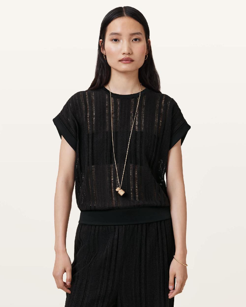 All Saints Giana Crochet Crew Neck Tank Top Black