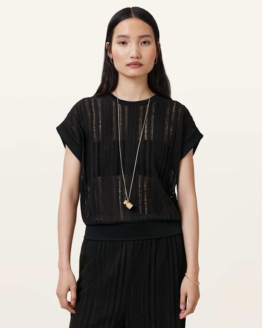 all saints Giana Crochet Crew Neck Tank Top Black