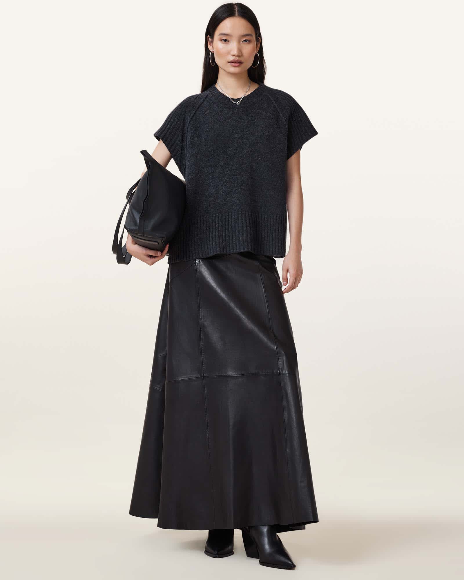 All Saints Giana Leather Maxi Skirt Black