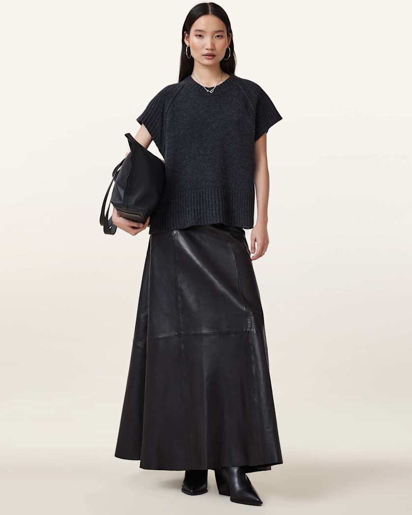 all saints Giana Leather Maxi Skirt Black