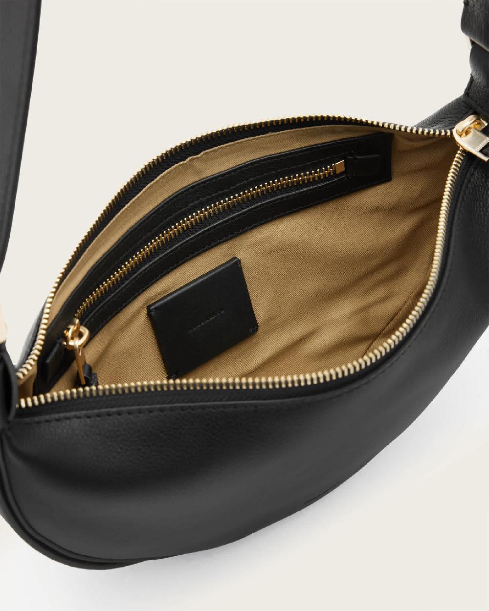 All Saints Half Moon Leather Crossbody Bag Black