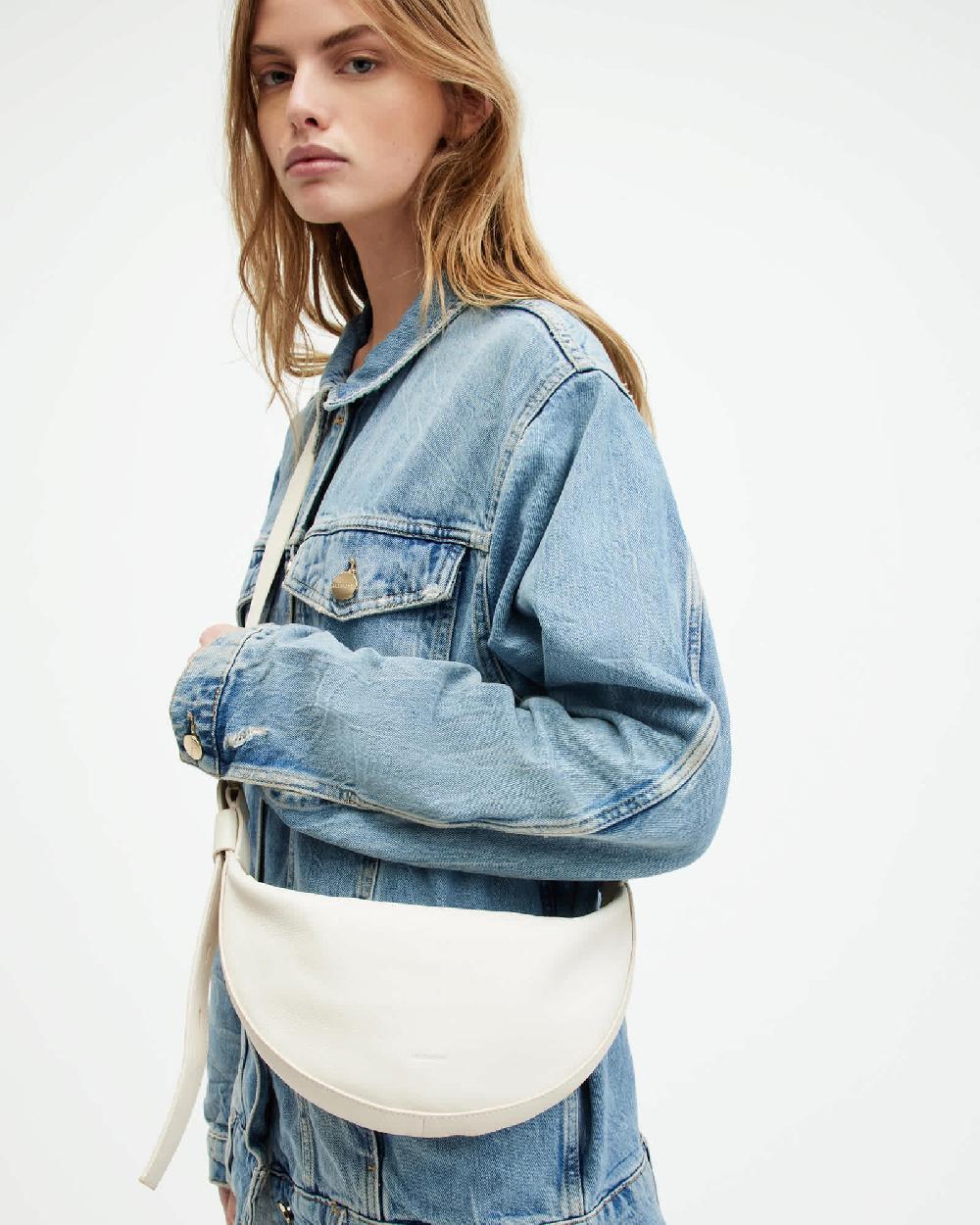 All Saints Half Moon Leather Crossbody Bag White