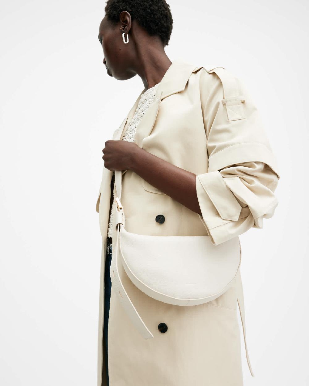 All Saints Half Moon Leather Crossbody Bag White