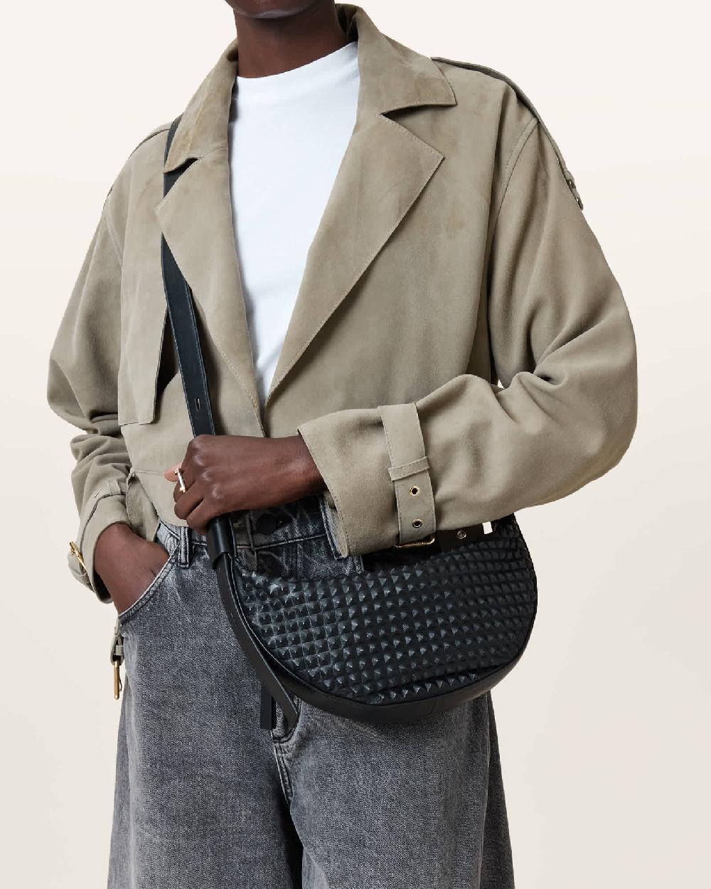 All Saints Half Moon Studded Crossbody Bag Black