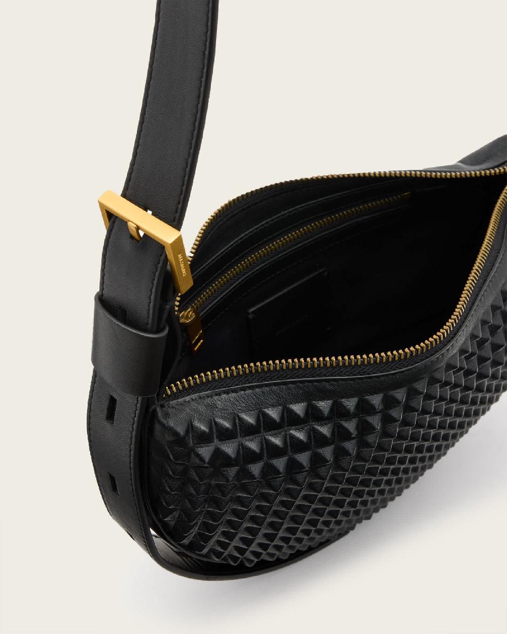 All Saints Half Moon Studded Crossbody Bag Black