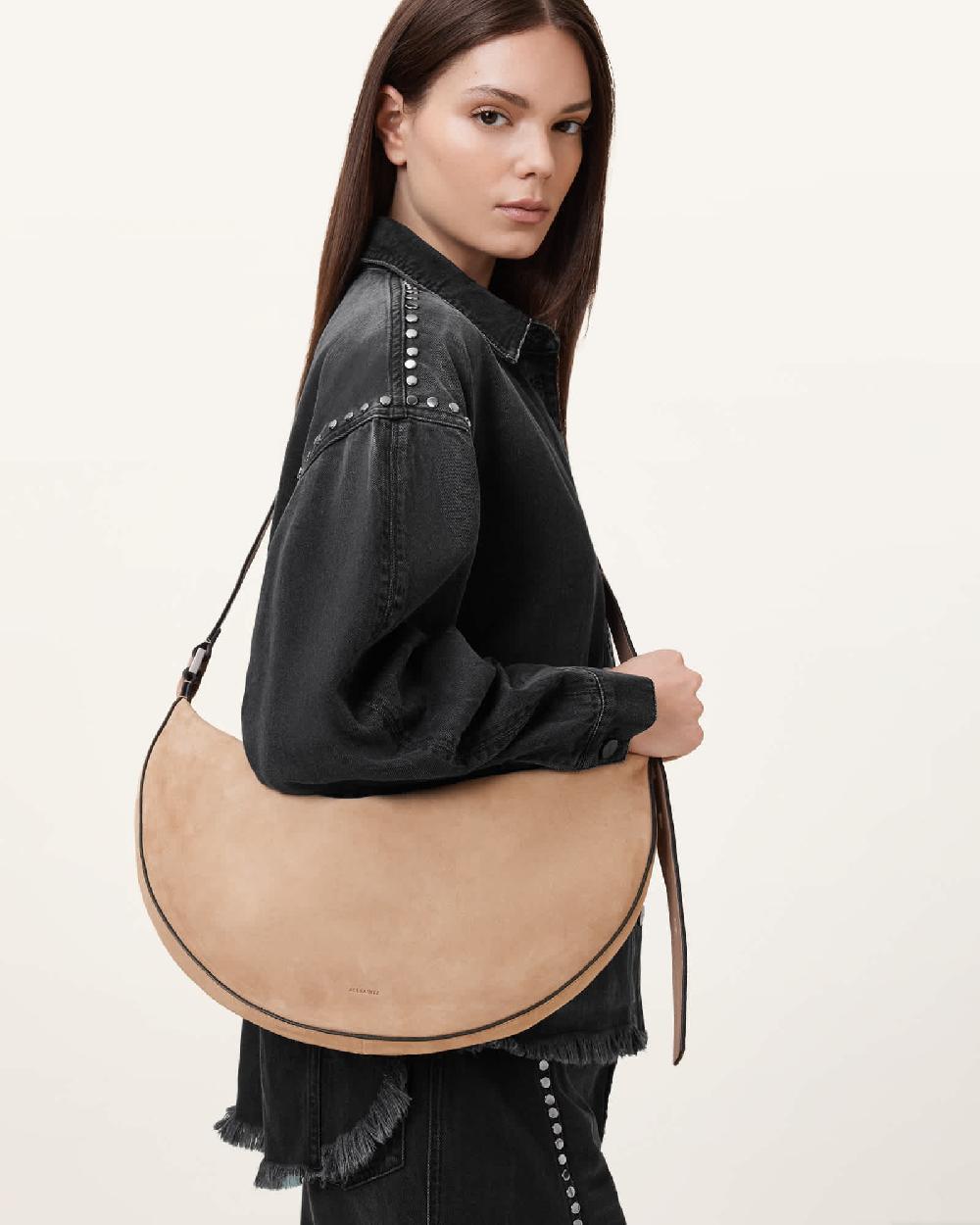 All Saints Half Moon Suede Shoulder Bag Mink Brown