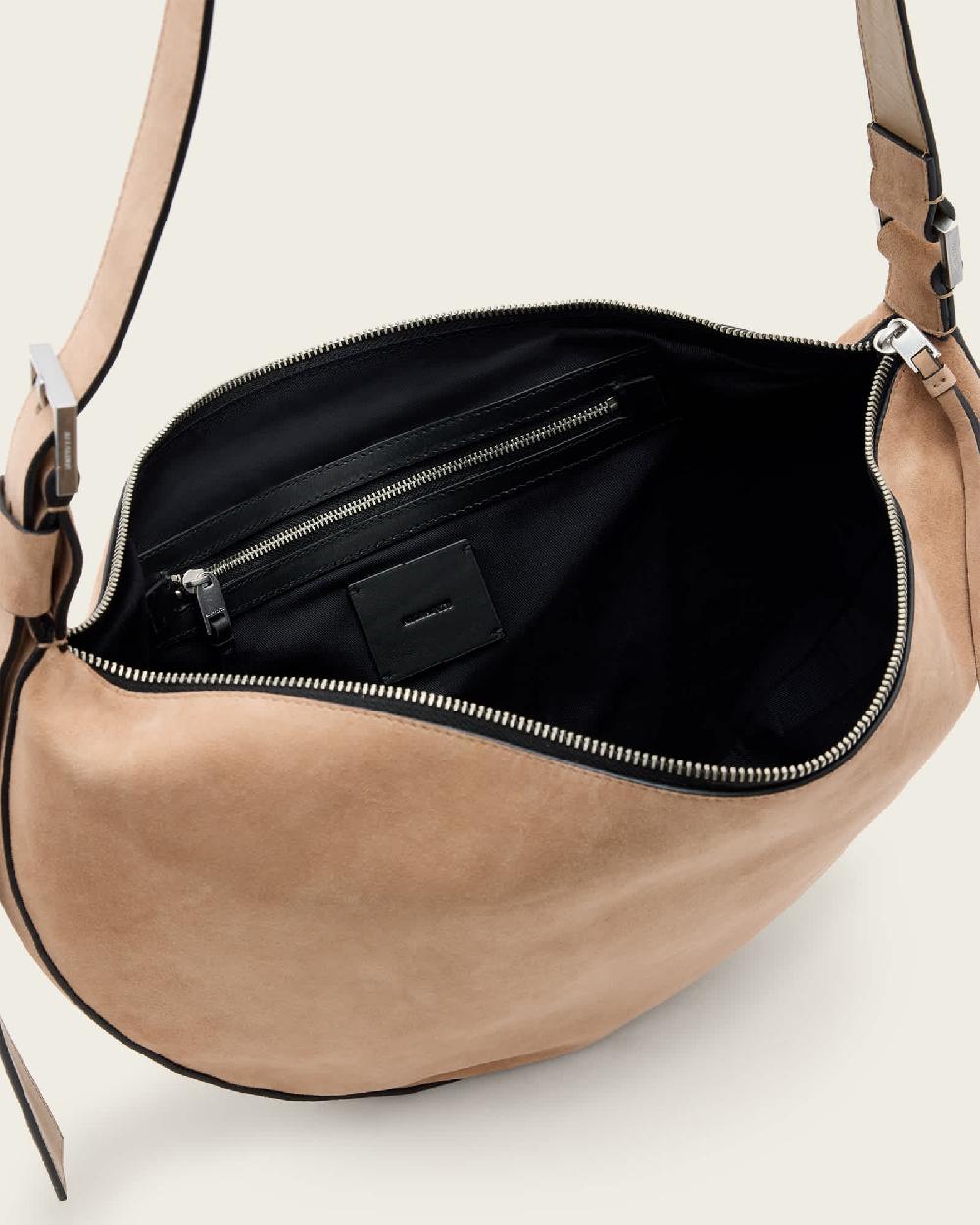 All Saints Half Moon Suede Shoulder Bag Mink Brown