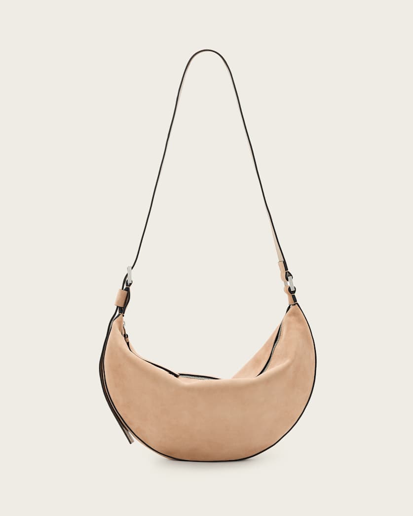 all saints Half Moon Suede Shoulder Bag Mink Brown