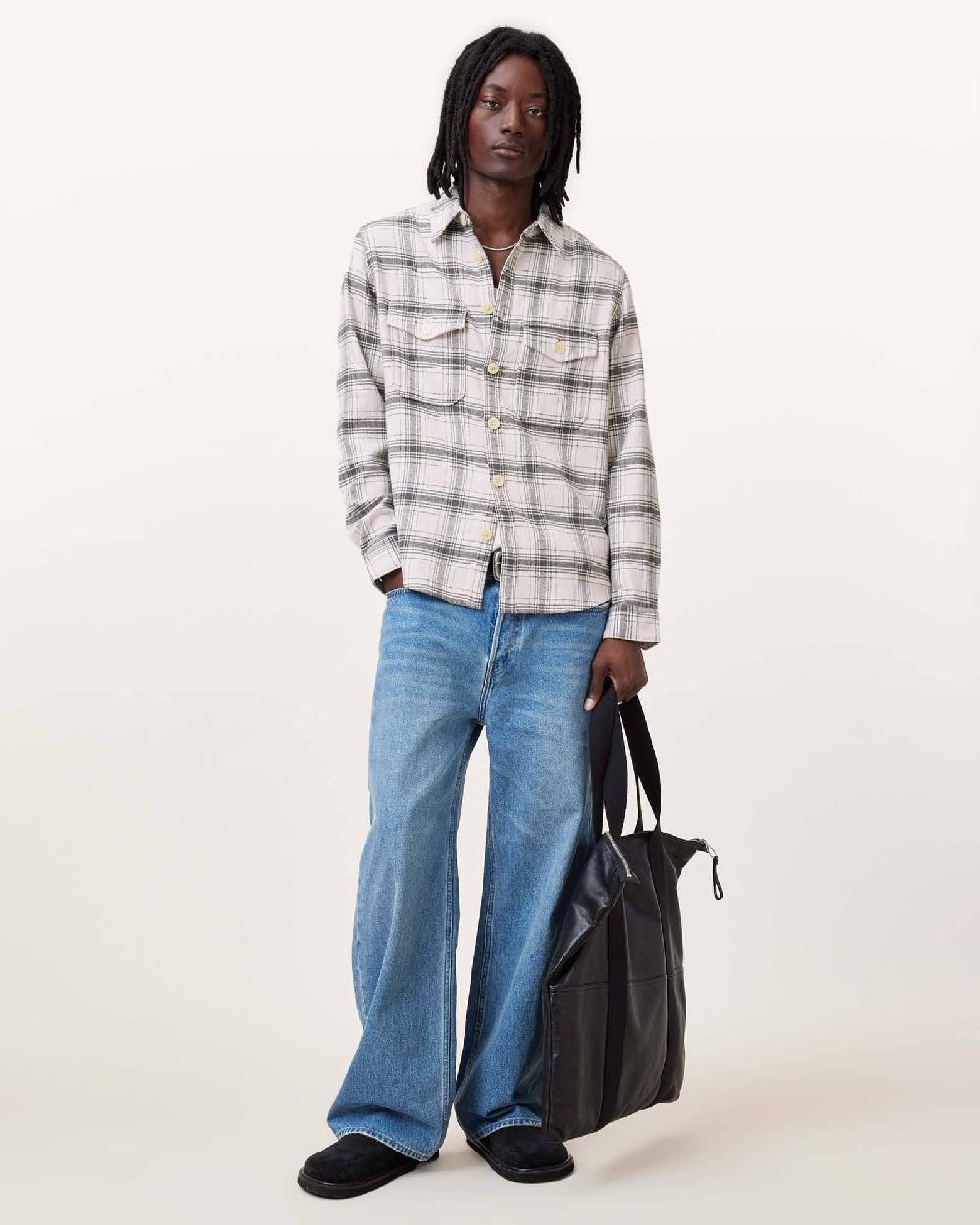 All Saints Hamura Checked Relaxed Fit Shirt Ecru