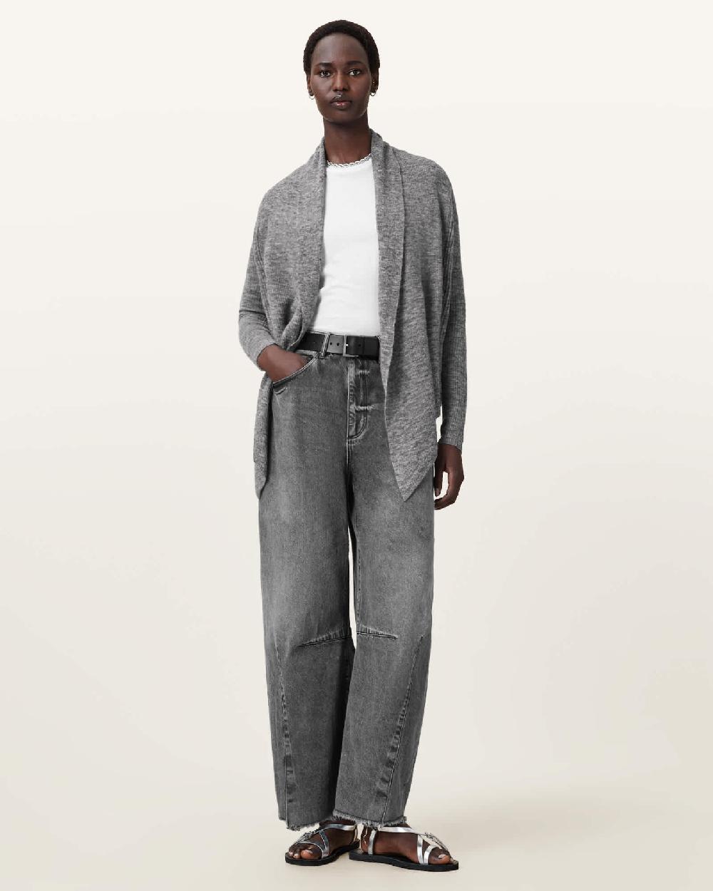 All Saints Harper Knitted Open Cardigan Pale Grey